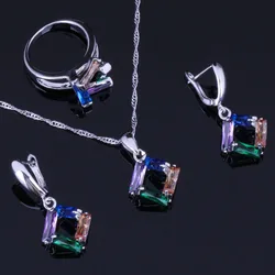 Quadrilateral Multigem Multicolor Cubic Zirconia Silver Plated Jewelry Sets Earrings Pendant Chain Ring V0975