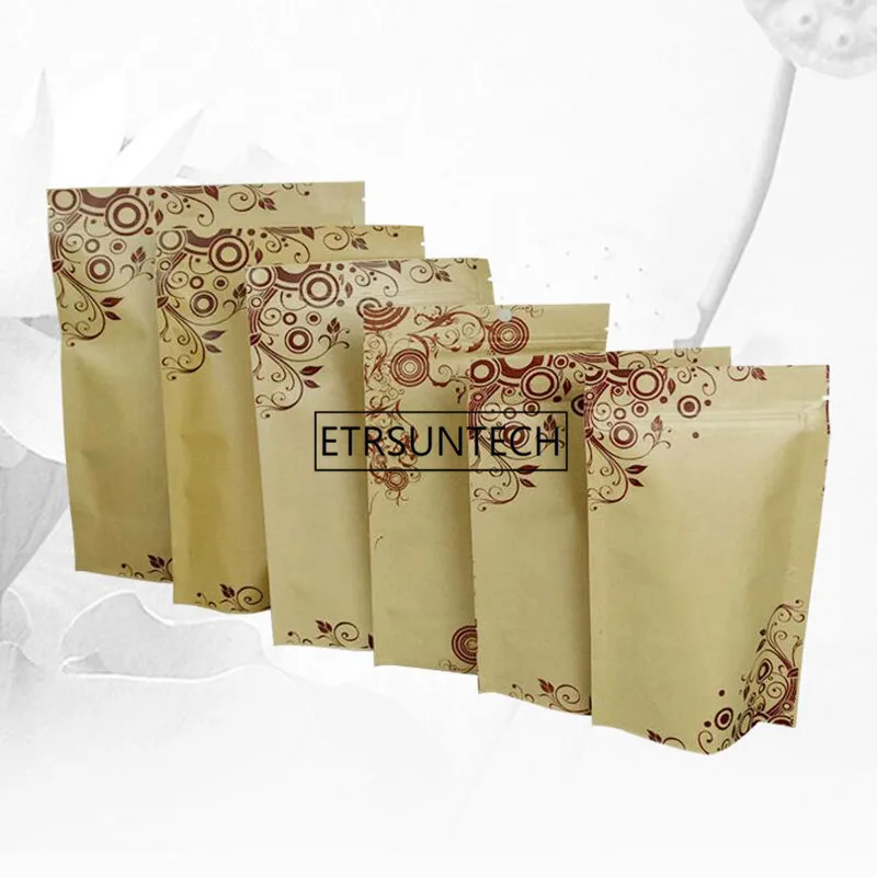 500pcs Brown Kraft Paper Zipper Doypack Aluminum Foil Grip Seal Food Storage Stand Up Pouches Bags Packaging Printing