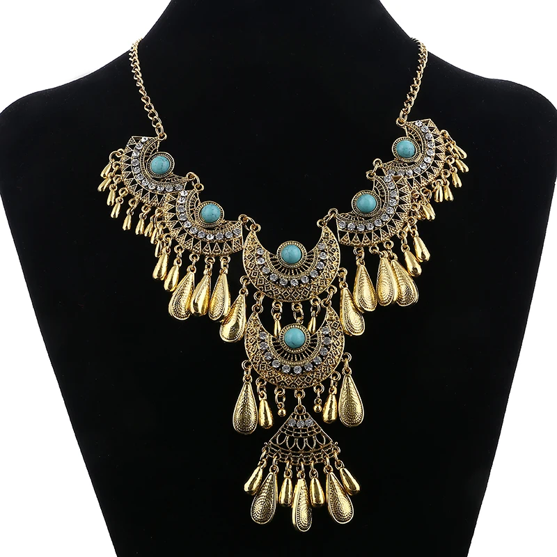 Fashion Collier Femme Bijoux Bohemian Choker Statement Necklace Crystal Collar Vintage Beads Drop Tassel Maxi Long Necklace