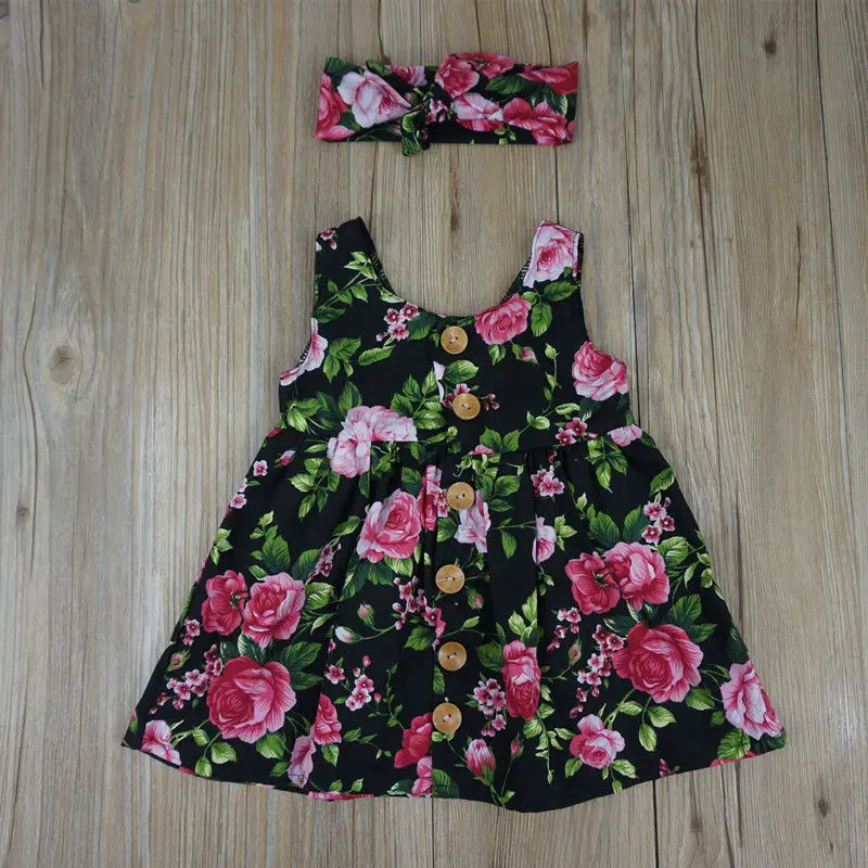 Cute Printed Floral Summer Dress Baby Girl Clothes sleeveless Button Flower Dresses Birthday Princess Sundress Clothing