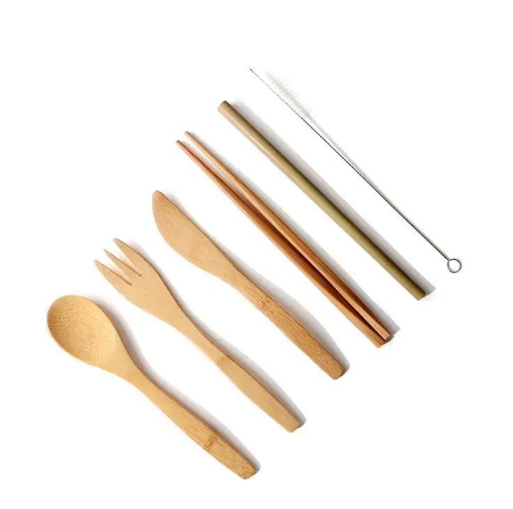 Hot Bamboo Cutlery 7pcs/Set Spoon Fork Knife Tableware Set with Cloth Bag Eco-Friendly Portable Utensil Tableware Set SN1355