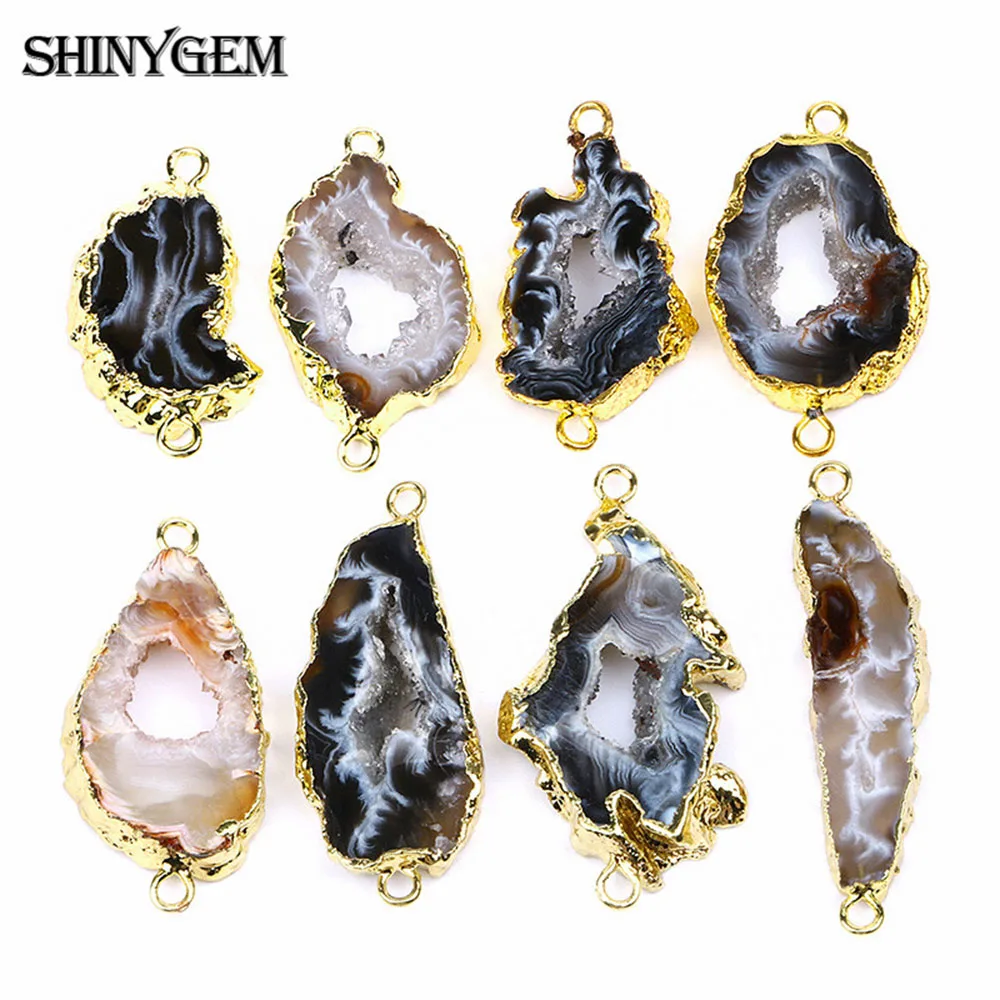 ShinyGem 5PCS Randomly Black Brown Pendant Gold Plating Natural Irregular Brazil Agates Slice For Jewelry Making Necklace