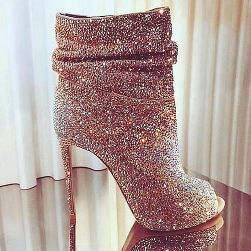 

Hot Selling Women Fashion Open Toe Bling Bling High Heel Rhinestone Ankle Boots Super High Crystal Short Boots Dress Shoes