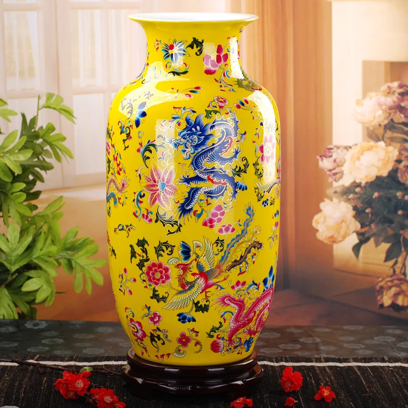 Jingdezhen 60cm Tall Vase Floor Ceramic Gold Dragon Phoenix Antique Vase Home Furnishing Articles Sitting Room Large Floor Vases