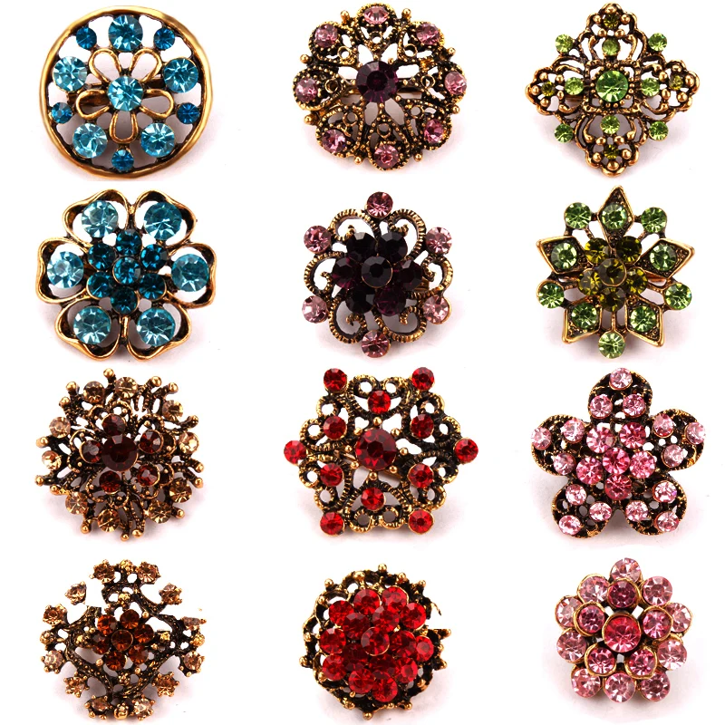 WEIMANJINGDIAN Set of 12 Pcs Antique Gold Color Crystal Rhinestones Bijoux Small and Cute Brooch Lapel Pins