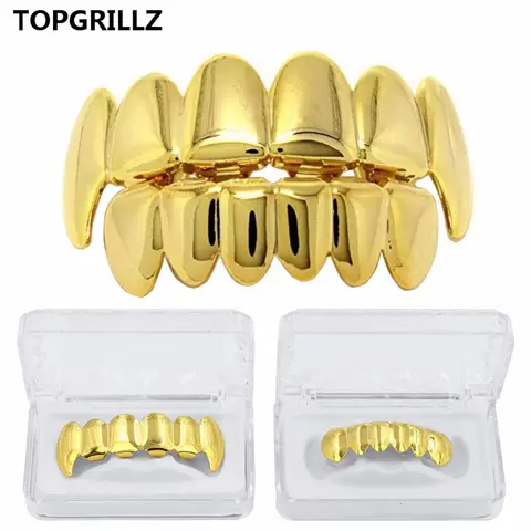 TOPGRILLZ 뉴 피트 로즈 골드 컬러 도금 힙합 치아 Grillz 모자 탑 & 하단 그릴 세트 크리스마스 파티 뱀파이어 치아 Grillz