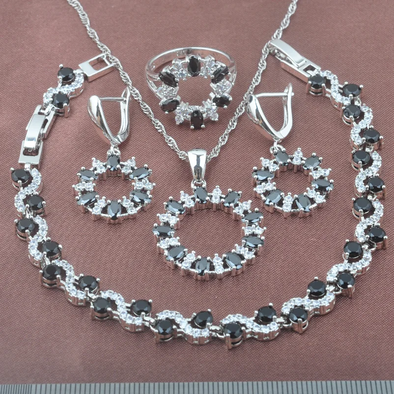 

Natural 925 Silver Jewelry Set Black Cubic Zirconia White Crystal For Women Earring Necklace Pendant Rings Bracelet YZ0415