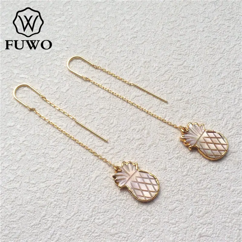 FUWO Wholesale Carved Natural Shell Threader Earrings,Golden Plated Fashion Pineapple Jewelry For Women 5Pairs/Lot ER511