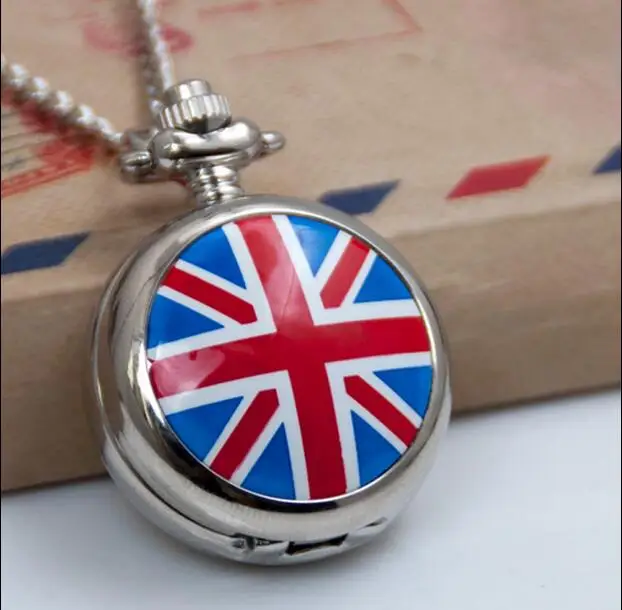 Wholesale silver Fashion quartz British flag design Enamel pocket watches birthday gift watches