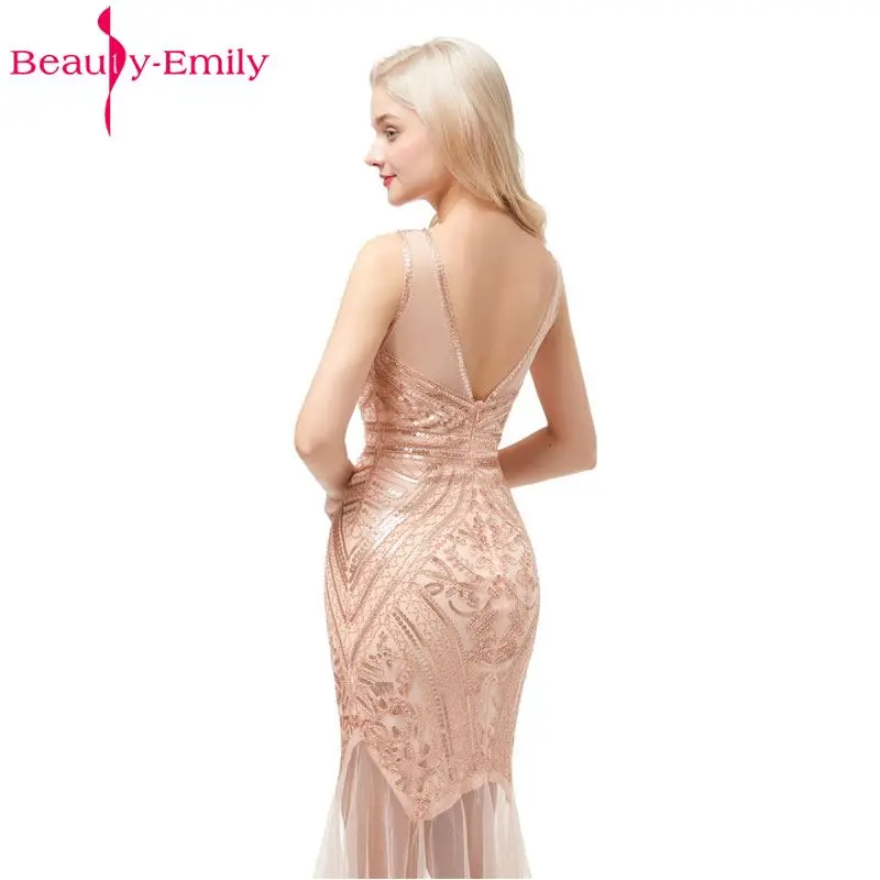 Beauty-Emily Sequins Golden Beading Evening Dresses Mermaid Long Formal Prom Party Dresses 2019 New Style