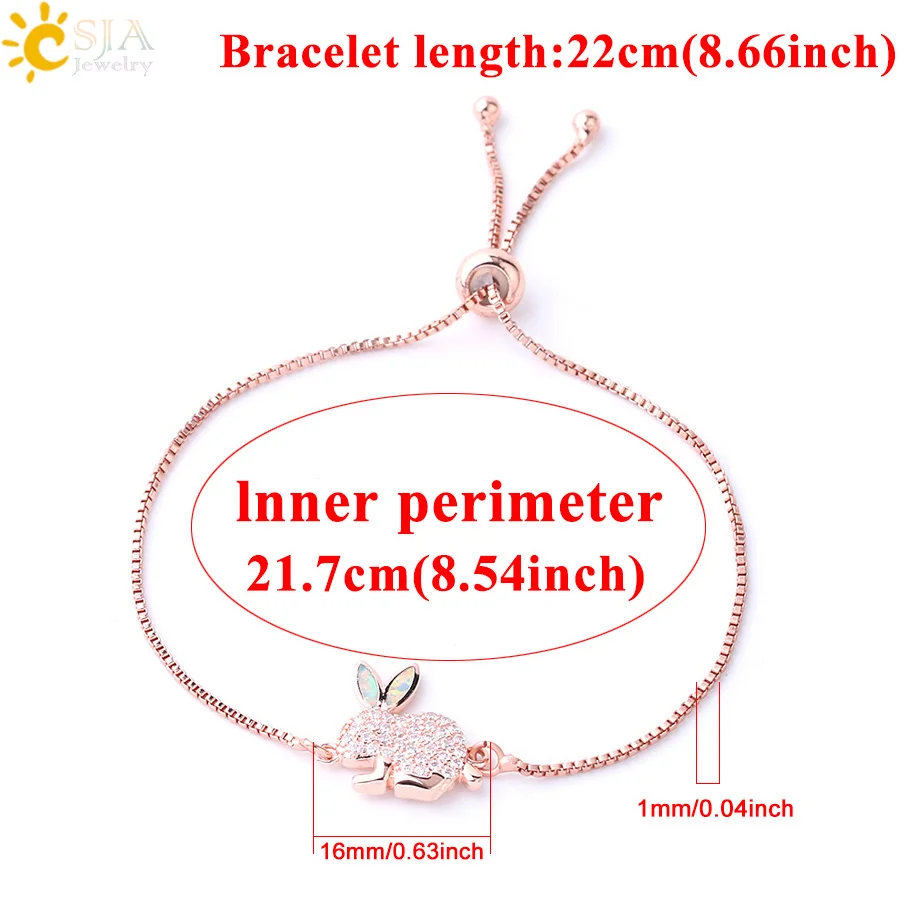 CSJA Lovely Rabbit Bracelet Luxury Bunny Bracelets Fire Opal Zircon Thin Link Rose Gold Color Wrist Chain for Women Girl G074