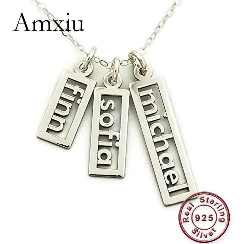 

Amxiu 100% 925 Silver Necklace Custom Any Name Square Pendant Necklace Engrave Three Names Jewelry For Women Men Birthday Gifts