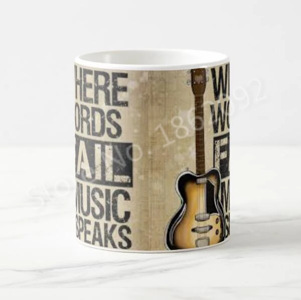 Cool Novelty Music Guitar Magic Cup Where Words Fail Music Speaks Guitar Coffee Mugs Tea Cups Quote Creative Musician Gift 11oz