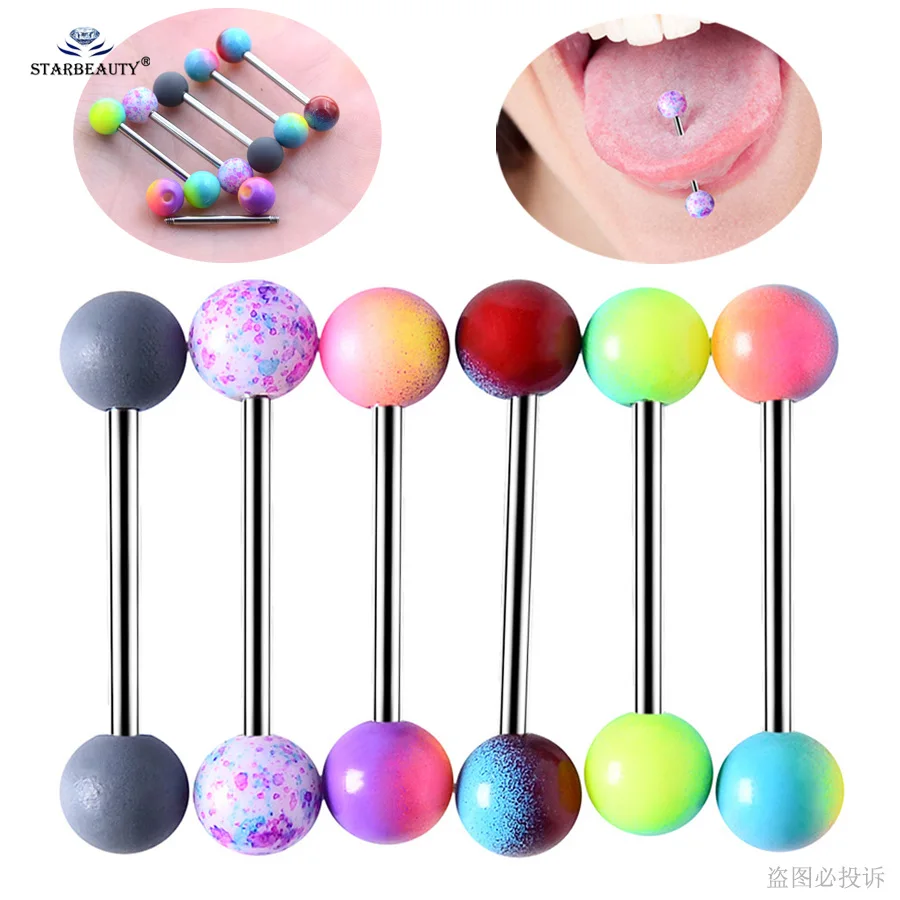 Starbeauty 6 pcs/set Baking Varnish Acrylic Tongue Piercing langue Stainless Steel Nipple Tongue Rings Helix Piercing lingua