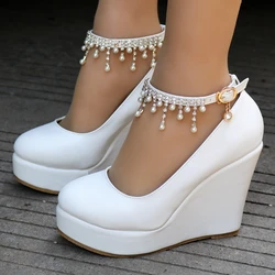 Crystal Queen Ankle Strap Platform Wedges Women Pump High Heels  Sapato Feminino Dress  Shoes