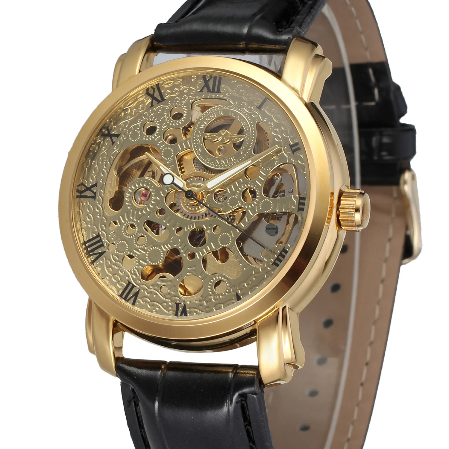 

Fashion WINNER Top Man Brand Gold Skeleton Genuine Leather Strap Watch Mechanical Hand Wind Wristwatches Gift Relogio Releges