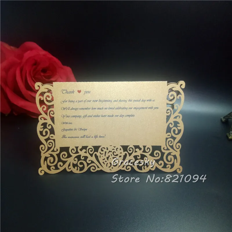 

50Pcs laser cut Pearlesenct paper Lace love heart Wedding Birthday Party Invitation Cards table name Card RSVP text personalized