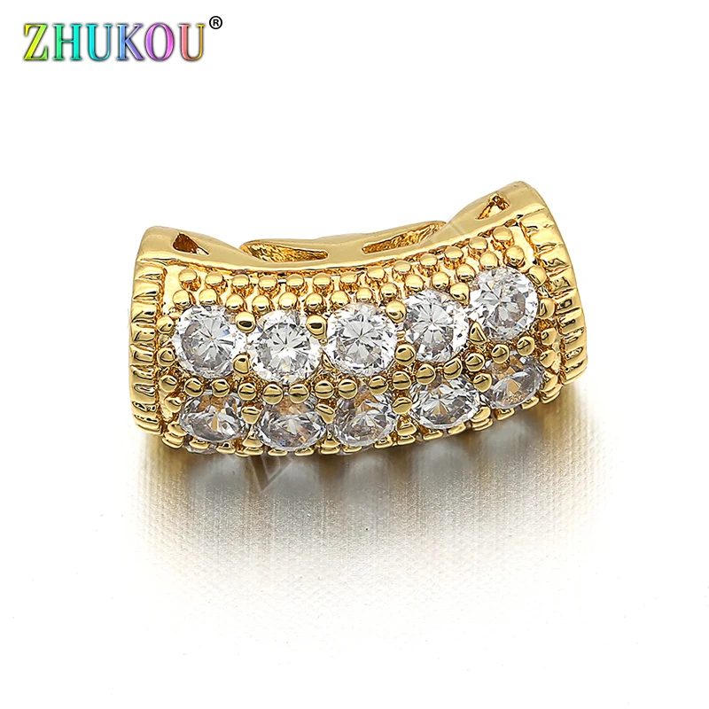 6*13mm Brass Cubic Zirconia Curved Tube Beads, Mixed Color, Hole: 3.5mm, Model: VZ162