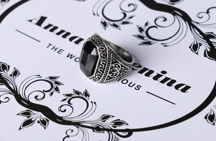 Men Rings Big Black/Red Carved Stone Antique  Plated Ring For Women Retro Texture Engraved Wholesale Lover ring #20035