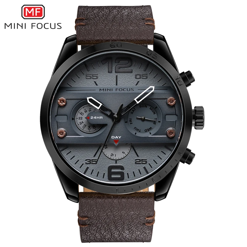 MINI FOCUS Men's Army Sports Quartz Watches Leather Strap Calendar Week Date Waterproof Wristwatch Man Clock Relogios 0068 Brown