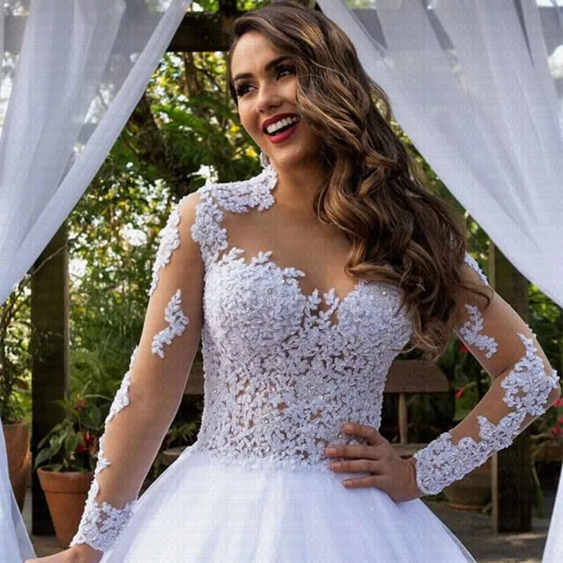 Appliques Vestidos New Amazing Train Wedding Dress Stunning Neck Vestido De Noiva Customized Wedding Bridal Gowns