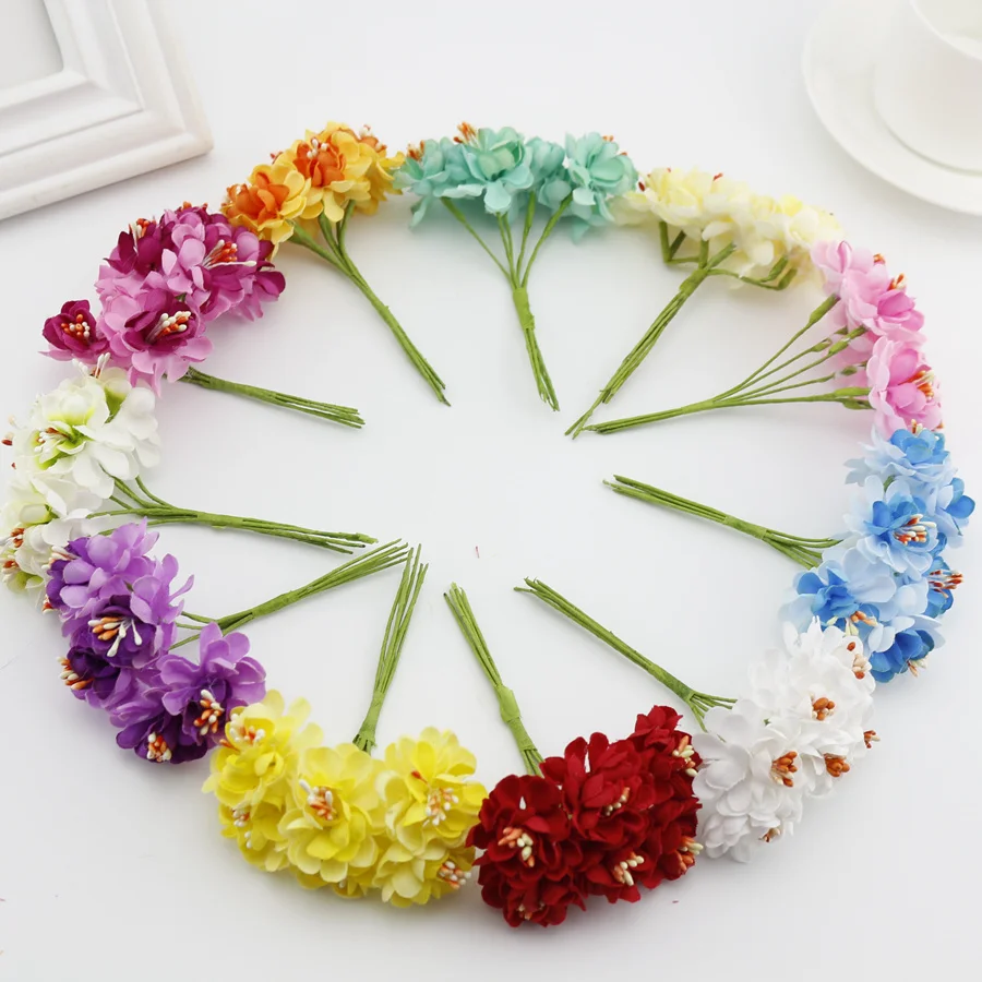 6pcs Silk Stamen Fake Artificial Flowers for Wedding Decoration Handicraft DIY Bride Bouquet Decorative Gift Scrapbooking Wreath