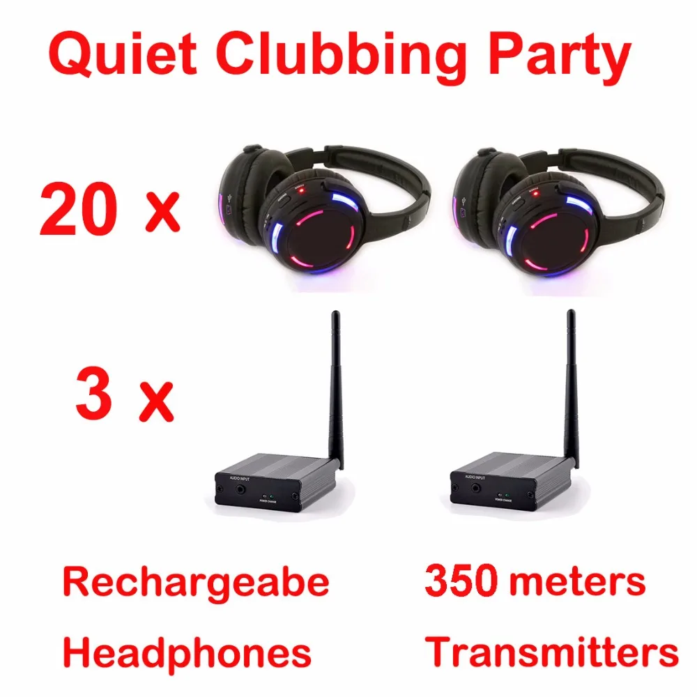 

Silent Disco Led Flashing Wireless Headphones - Quiet Clubbing Party Bundle (20 Headsets + 3 Transmitters)