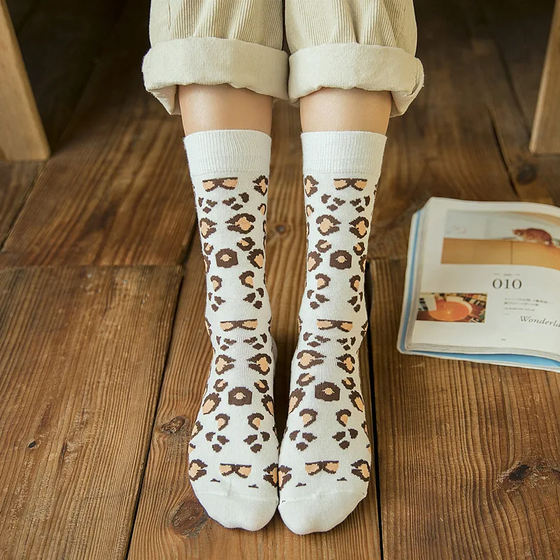 10Pcs=5Pairs/Lot Leopard Print Socks Women Autumn Winter Korean Warm Pure Cotton Socks Set Streetwear Mid-Tube Socks Chaussettes