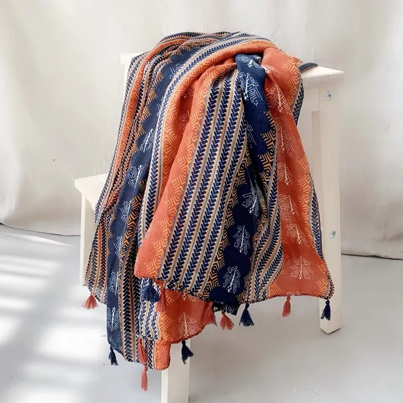 

2023 Fashion Bohemian Ethnic Tassel Viscose Shawl Scarf Women Geometric Print Soft Warm Hijabs and Wraps Muslim Sjaal 180*90Cm