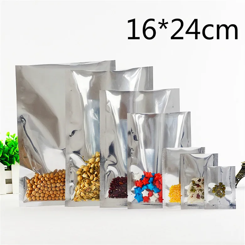 

50 Pcs/Lot 16*24cm Silvery Vacuum Pouches Aluminum Foil Clear Poly Bags Open Top Heat Sealable Tea Powder Storage Packaging Bag