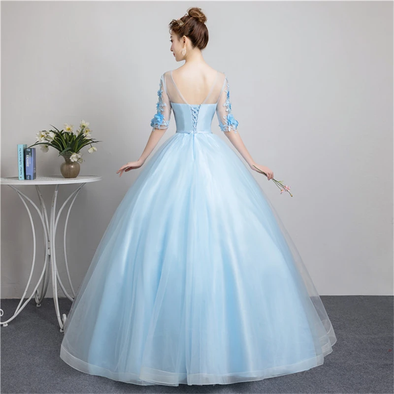 Sweet Elegant Light Blue Long Evening Dress Half Sleeve Pearls Applique Ball Gown Solo Show Masquerade Dress Vestido De Festa 30