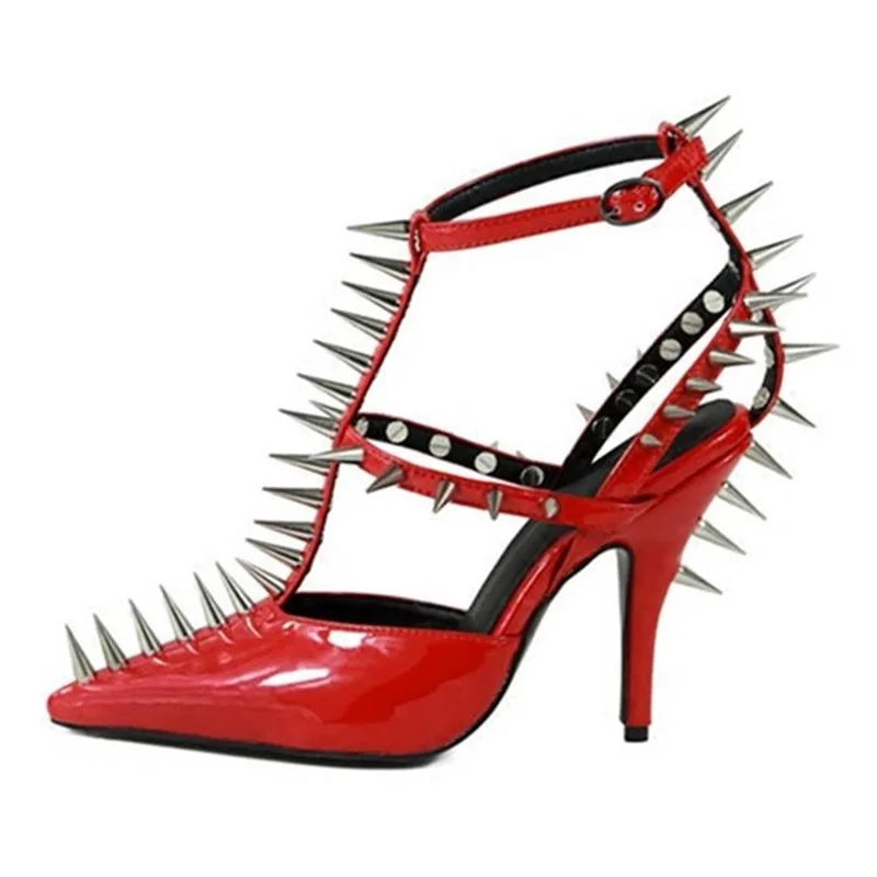 Pumps Women Spike Rivets Studded Red Patent Leather Pumps Buckle Strap Strappy Sexy Pointed Toe Gladiator Shoes 10 CM Heels