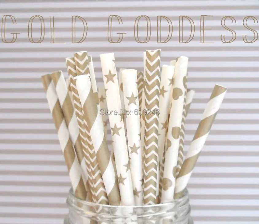 150 Pcs Mixed Colors Metallic Gold Goddess Party Paper Straws Striped Chevron Polka Dot Star Heart, Wedding Christmas Mason Jar