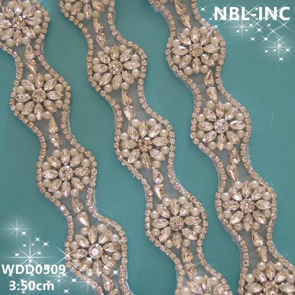 

(10 YARDS)Wholesale handmade beaded sewing silver rhinestone pearl applique trim iron on for wedding dress sash WDD0509