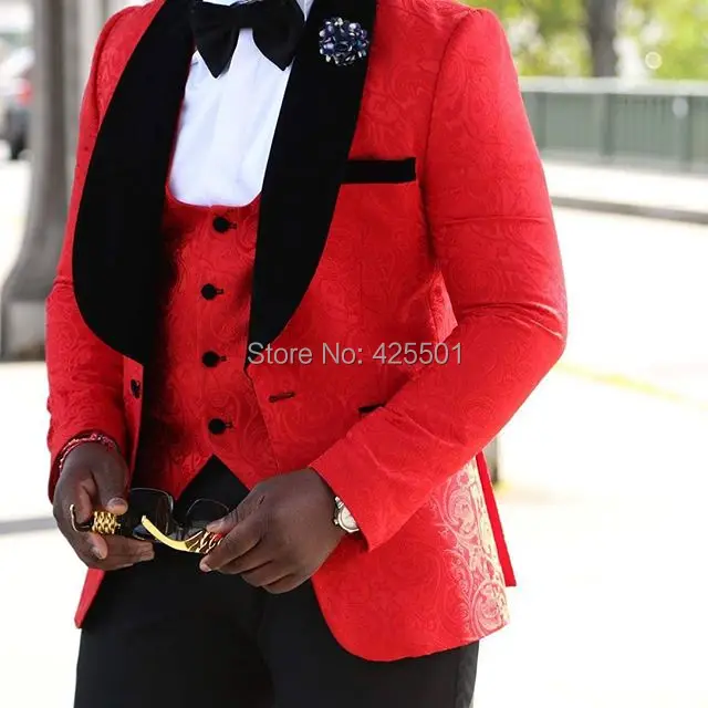 

2023 New Arrival Red Jacquard Men Suit Jacket 3 Piece Set Formal Groom Tuxedo Traje Hombre Slim Fit Prom Wedding Best Man Blazer