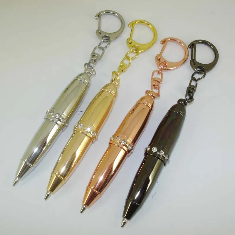 2pcs / lot New Brass Mini Rose Gold Ball Pen with Key Ring Novelty Design Ballpoint Pen Cute Gold Silver Gifts Pen for Christmas