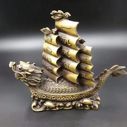 

Elaborate Chinese Old-style Brass Dragon Turtle Sailing Boat Auspicious Sculpture