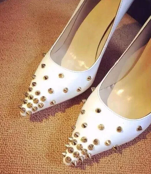 2018 Spring New Fashion Golden Rivets Women Sexy Shallow High Heels Pointy Toe Ladies 12CM Pumps Slip On Female Party Stiletto