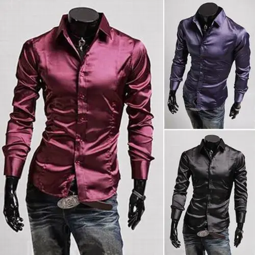 Camisa ajustada de seda para hombre, prenda de vestir de manga larga, brillante, a la moda, en 3 colores, venta al por mayor, YsiLy/C54censan