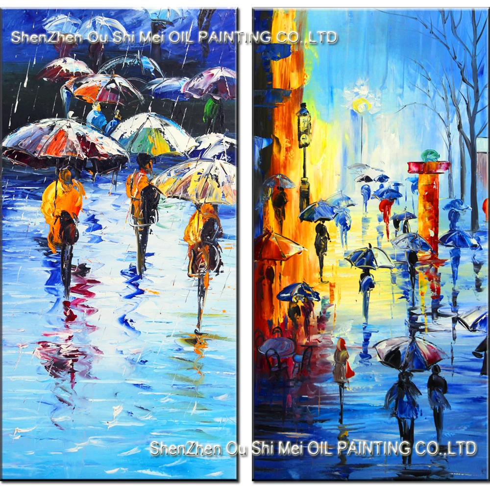 

Skill Painter 100% Handmade Street Rain Landscape Oil Painting on Canvas for Living Room Decor Good Quality Painting Wall Art