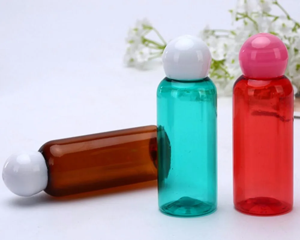 Wholesale 30ml Empty PET Shampoo bottle With Sphere Shape Lid, Colorful Small sample Vials With Screw Cap