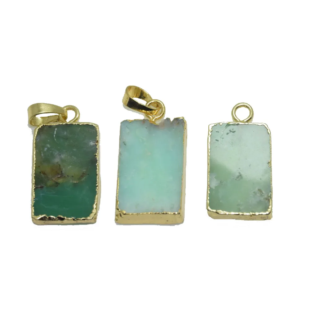 Gold Plated Natural Green Chrysoprase Stone jade pendant for women jewelry making rectangle frame semiprecious raw healing