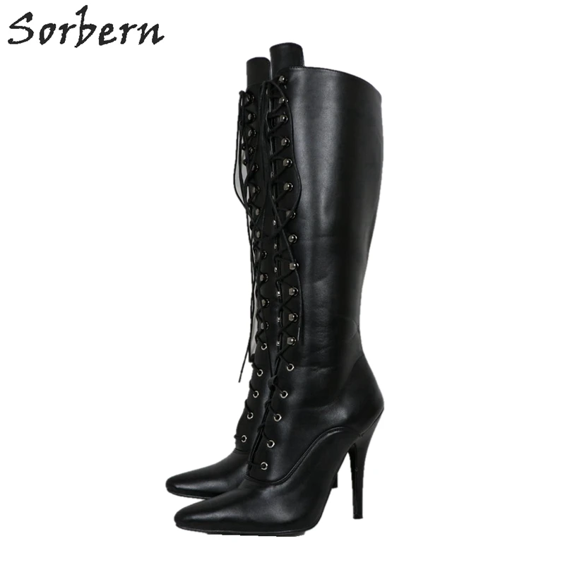 Sorbern Mode Kniehohe Stiefel Für Frauen Lace Up Nach Breite Fit Kalb Stiefel Frauen Schuhe Größe 42 Große Größe harte Welle Boot