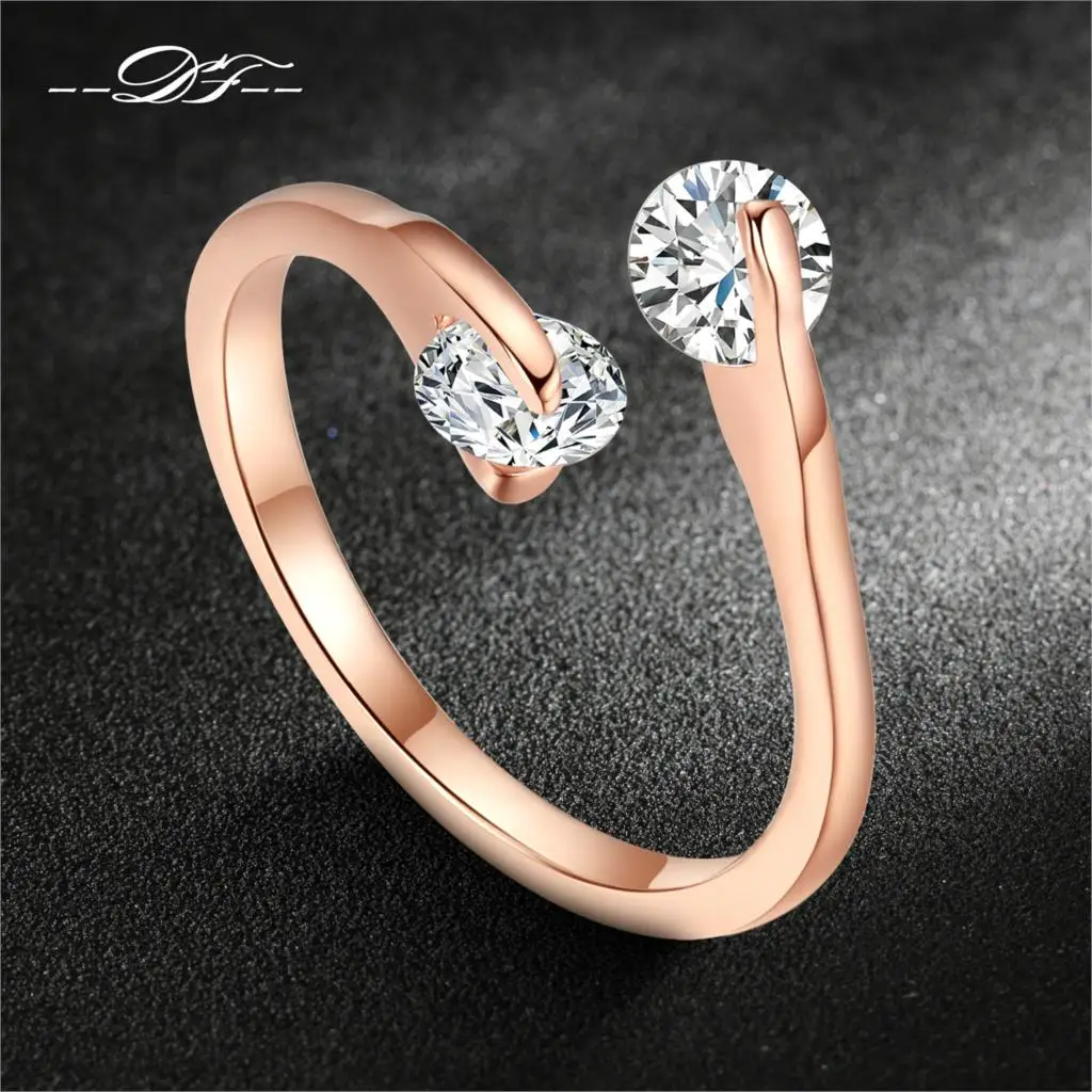 Double Fair Shiny Zircon Stone Women\'s Ring Adjustable Female Rose Gold Color Fashion Crystal Jewelry Ring For Women DFR007