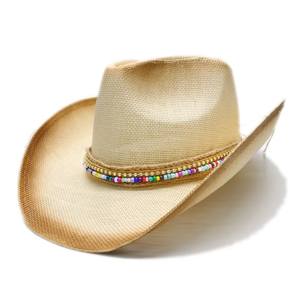 LUCKYLIANJI Women's Men's Summer Straw Beach Cowboy Western Cowgirl Sun Fedora Hat Wood Beads Leather Band  (One Size 58cm)