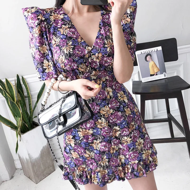 S-XL Plus Kích Thước Mùa Hè Váy Đầm Hoa Nữ Tay Phồng Áo Mini Câu Lạc Bộ Đầm Cho Nữ Hàn Quốc In Hình Hoa Nữ áo Dây