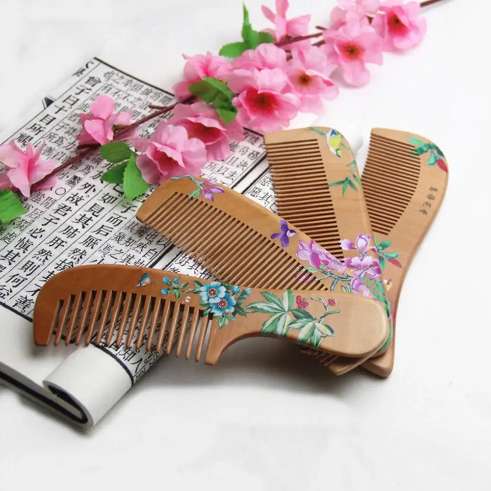 Flower Painted Chinese Peach Wood Comb  Healthy Scalp Massage Anti-Static Comb Hair Care Wooden Gift Beauty Tool