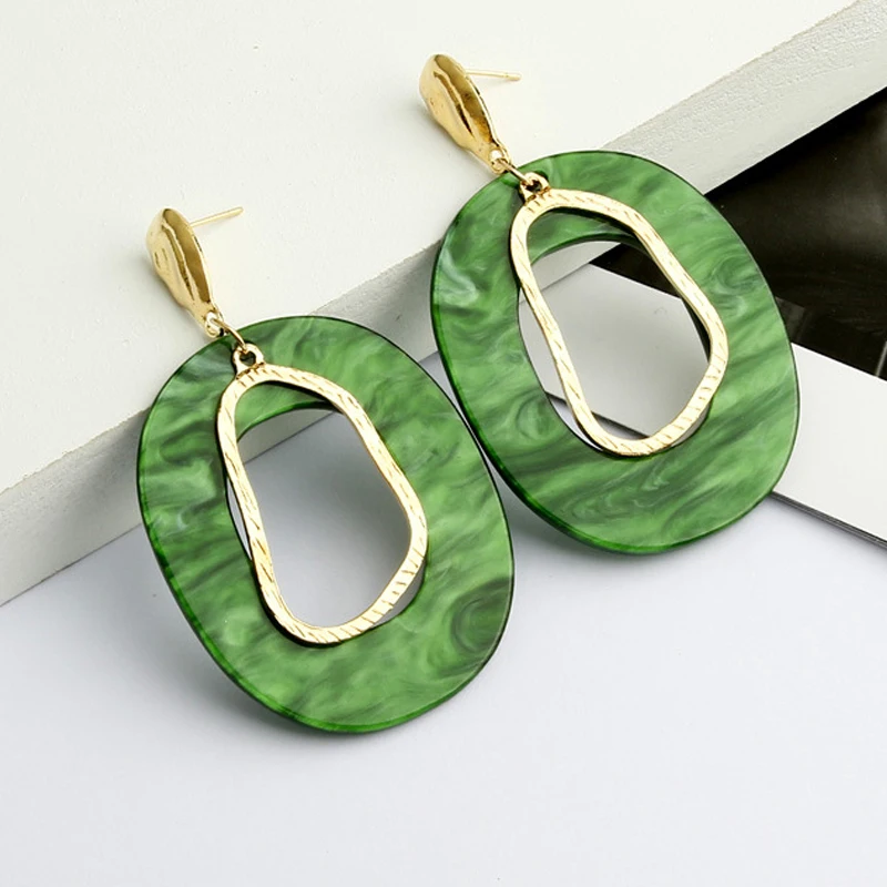 Simple Green Big Oval Drop Earrings For Women statement Resin Acrylic Geometric long Earring 2019 Gold Color Party ZA Jewellery