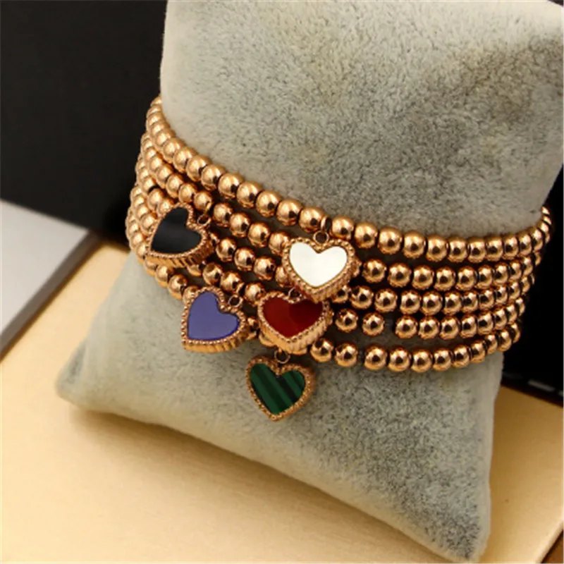 Double Side Color Heart Charm Stretch Strand Bracelets & Bangles Women Jewelry Stainless Steel Ball Love Beaded Bracelets K0005