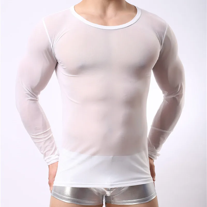 Mens Undershirt Gay clothing Nylon Mesh shirt men See Through Sheer Long Sleeves T Shirts Male Sexy transparent shirt Underwear